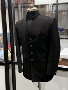 Chaqueta de Traje para Hombre, Negra, Cuello en V, Tallas Grandes, Transpirable, Lana/Seda, Cuello Mao, Estilo Empresarial, Abotonadura Sencilla, Tejido de Lana Peinada - Product Image 3