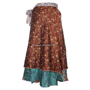 2026 Wholesale Plus Size Summer Reversible Silk Sari Bohemian <b>Wrap</b> <b>Skirt</b> 2 Layers for Indo Western Fashion - Product Image 4