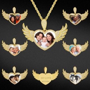 Colgante de Plata de Ley 925 con Alas de Ángel y Corazón para Foto, Colgante Personalizado con Imagen, Colgante con Foto Personalizada de Moissanita - Product Image 6