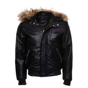 <b>Men's</b> Black Leather Winter Jacket With <b>Fur</b> <b>Hood</b> Full Sleeve Windproof <b>Coat</b> - Product Image 2
