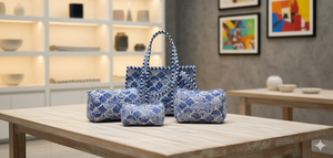 Le Souvenirs Blue Handcrafted Quilted Cotton <b>Tote</b> <b>Bag</b> Canvas Lining <b>Zipper</b> Closure Lightweight Design 3 Toiletry Pouches Travel - Product Image 2