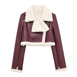 Women's Faux <b>Leather</b> Shearling Moto <b>Jacket</b> With Fur Trim Zipper Closure Short Winter Coat Full Sleeve Windproof Style - Product Image 2