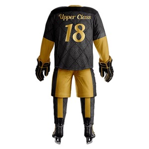 Custom Vintage Ice Hockey Uniform Men's Full Sleeve Sublimated Jersey <b>Pants</b> Set Black Gold Moisture Wicking Polyester OEM - Product Image 2