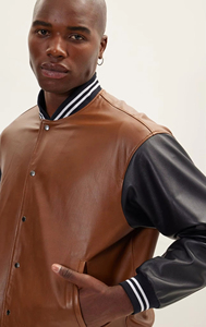 Men's <b>Brown</b> Black PU <b>Leather</b> Varsity <b>Jacket</b> Hooded Zipper Closure Breathable Streetwear Regular Fit Winter Wear - Product Image 4