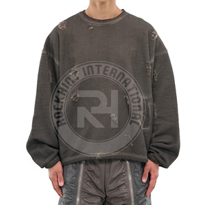 Sweat-shirt ras du cou effet vieilli, noir et camel, en molleton de coton épais, personnalisable avec logo, style streetwear, vente en gros - Product Image 5
