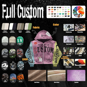 Sudadera con capucha bordada personalizada para hombre, con cremallera rosa grande, patchwork multicolor, capucha con tachuelas, diseño exclusivo desgastado - Product Image 6