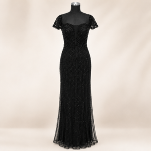 Luxury Black Beaded Evening Gown for Women Elegant Formal Party Dress Sheer Neck Embellished Sleeves Floor Length Cocktail Maxi - Product Image 1