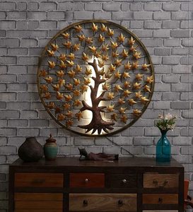 Arte Mural Metálico de Árbol con Diseño de Follaje Circular, Marco Dorado con Retroiluminación, Decoración Contemporánea para el Hogar, Pieza Única Grande de 33-40 Pulgadas - Product Image 4
