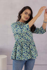 Green Colour Printed Long <b>Sleeves</b> Mandarin Collar <b>Top</b> For Women Featuring Lightweight Fabric Modern Style Comfortable Fit - Product Image 4