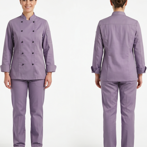 Uniforme de chef pour femme en polycoton premium 210 GSM, rose, avec passepoil contrastant, panneaux sur mesure, broderie personnalisée, logo imprimé - Product Image 3
