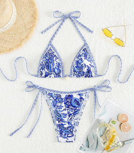 Ensemble de bikini pour femme, haut à larges bretelles, design sublimé sexy, maillot de bain deux pièces, dos à nouer en V, bas taille basse - Product Image 4