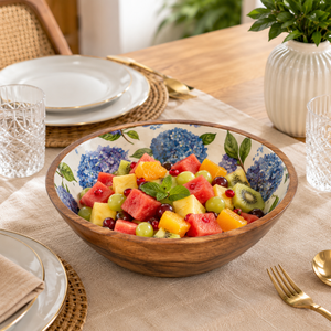 Bol de service en bois de manguier émaillé, motif floral d'hortensia bleu, fait main, sûr pour les aliments, bol à salade, à fruits, à collations, décoration de cuisine, cadeau - Product Image 2