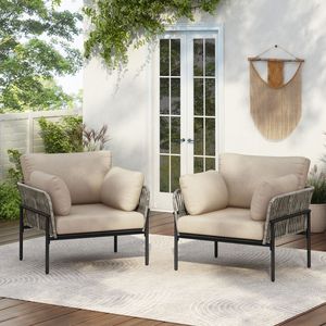 Set di 2 sedie lounge in ferro beige da 36 pollici con design in corda intrecciata e cuscini morbidi per il relax all'interno e all'esterno - Product Image 1