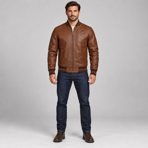 Blouson aviateur en cuir marron pour homme avec panneaux perforés, col et poignets côtelés et fermeture éclair sur le devant - Product Image 3