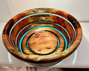 Bol de service de luxe fait main en bois de burl incrusté de turquoise, bol artistique en pierre de turquoise naturelle, turquoise terre, pour mariage - Product Image 1