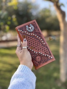 Premium Western Turquoise Accent <b>Leather</b> Wallet Handcrafted Western Style <b>Tooled</b> <b>Leather</b> Long Wallet - Product Image 1