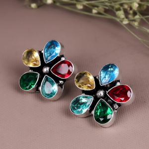 ARTS JEWELS Pendientes de Flor con Circonitas Multicolor para Mujer, de Latón Oxidado Plateado |   Joyería de Regalo con Diseño Floral Tribal Bohemio - Product Image 4
