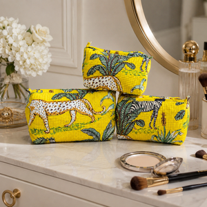 Handmade Yellow Leopard Print 3-Piece Quilted Durable Zipper Closure Cotton Cosmetic <b>Pouch</b> Set Makeup Bags Women <b>Travel</b> for - Product Image 1