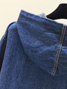 Spring/Summer/Autumn Casual Solid Color Long Hooded Denim Crop Top Jacket Women's Long Sleeve Single-Button Quick-Dry Breathable - Product Image 5