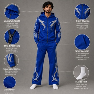 Ensemble de survêtement unisexe épais 2-en-1 bleu roi avec veste à capuche zippée et pantalon large à imprimé abstrait gris - Product Image 6