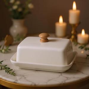 Elegante Mantequillera con Tapa de Madera y Perilla, Bandeja Profunda para Servir, Acabado Liso y Brillante, Almacenamiento de Mantequilla con Estilo para la Mesa de Cocina - Product Image 2