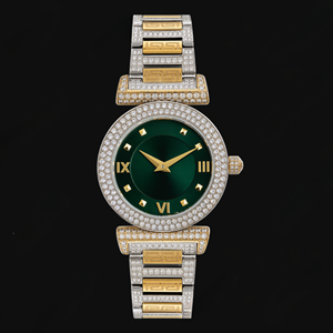 Reloj de lujo para hombre con esfera verde, diamantes incrustados, oro y plata, números romanos, bisel de cristal, elegante y a la moda. - Product Image 1