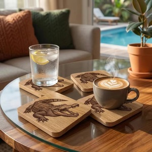 <b>Beads</b> Art Wooden Square <b>Coaster</b> Set Dinosaur Design Reusable Mats Natural Finish 10 mm Thickness Handmade Rustic 10 cm Diameter - Product Image 2