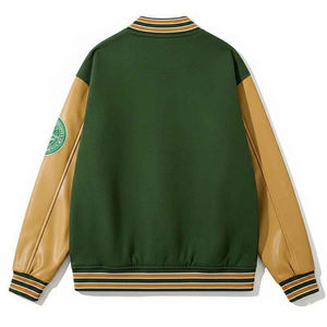 Veste universitaire vintage personnalisée pour homme, en laine verte, manches en cuir PU, broderie chenille, patch lettres, boutons pression. - Product Image 2