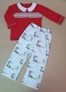Hand Smocked Christmas Dress for Girls, Santa & Winter Tree Print Long Sleeve White Children Party Dress - Product Image 3