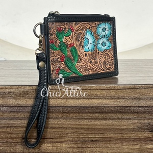 Monedero de Cuero Genuino con Diseño Floral y de Cactus, Estilo Western, con Cierre, para Tarjetas de Crédito y ATM - Product Image 1