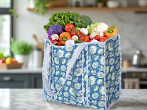 Handmade Lightweight Eco-Friendly Quilted Cotton Tote <b>Bag</b> Blue Green Floral Block Print Reversible Open Summer Autumn Washable - Product Image 5