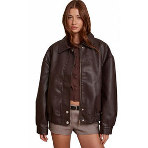 Chaqueta de Cuero Estilo Bomber Vintage Extra Grande para Mujer, Chaqueta de Cuero Auténtico Suave, Chaquetas Casuales para Mujer - Product Image 1