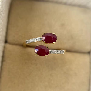 แหวนทับทิมสองเม็ด แหวนแต่งงานทับทิมธรรมชาติ เงินแท้ 925 ชุบทอง 14K แหวนหมั้น แหวนวันครบรอบ แหวนเจ้าสาว - Product Image 1