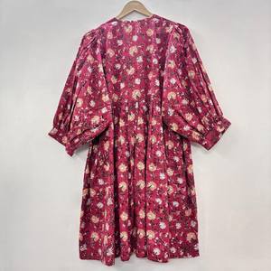 Vestido Mini de Algodón Ecológico con Estampado Floral Hecho a Mano, Cuello en V, Manga 3/4, Dobladillo con Volantes de Encaje, Lavable, Estilo Chinoiserie - Product Image 4