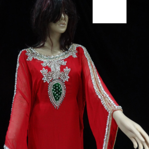 Robe longue élégante en georgette vert émeraude, ornée de cristaux violets royaux et de perles dorées scintillantes, antistatique - Product Image 1