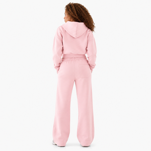 Ensemble de survêtement deux pièces OEM pour femme, rose, avec veste à col montant et pantalon de jogging à jambes larges, en coton, zippé, personnalisable avec logo, vente en gros - Product Image 2