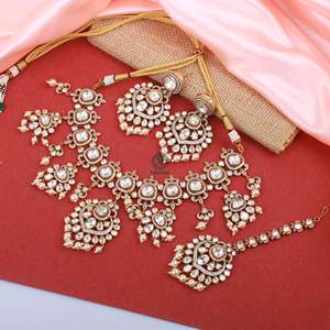 Vidhi Polki Bridal Designer Necklace Set-24K Gold Plated Platinum with Zircon and Pearl - Product Image 3