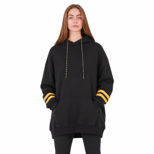 Sudadera con Capucha Negra Extra Grande para Mujer con Mangas a Rayas Amarillas, Sudadera Larga de Algodón con Diseño Asimétrico y Hombros Caídos para Otoño - Product Image 1