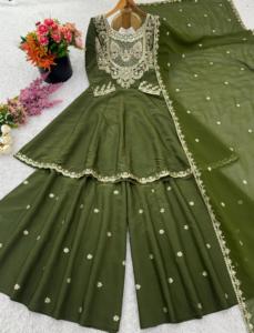 French Crep Silk Embroidered Salwar Kameez Sharara Dupatta Set <b>Mehndi</b> Green Color Women Party Wear Ethnic Festive <b>Outfit</b> - Product Image 4