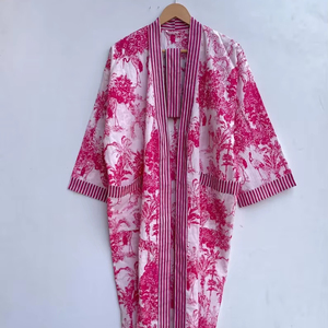 Bata Kimono con Estampado de Dibujos Animados para Mujer, 100% Algodón Tejido, Suave y Transpirable, Camisón de Verano Hecho a Mano, Cuello en V, Cintura Elástica, ODM - Product Image 1