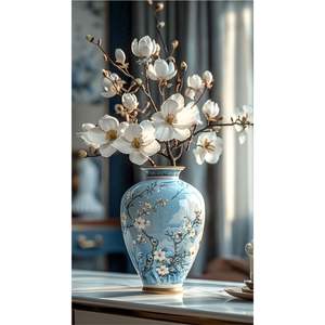 Vase décoratif de luxe en émail métallique bleu pivoine avec bord doré, style cloisonné, pot à fleurs antique, centre de table, décoration intérieure - Product Image 4