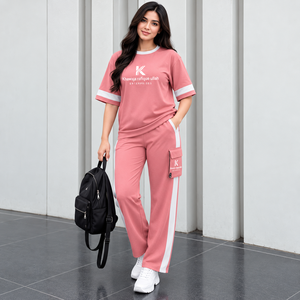 Khawaja Rafique Ullah Women's Pink 2 Piece Sporty Tracksuit Set Crew Neck Short Sleeve Loose Fit <b>All</b> Seasons Breathable Knitted - Product Image 1