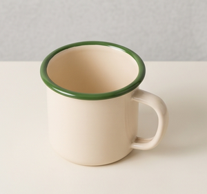 Factory Direct Wholesale Custom Logo Enamelware Heavy Duty Iron Camping Cup Featuring Classic Solid <b>Cream</b> Finish And Green Rim - Product Image 2