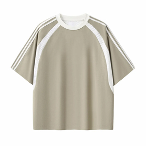 Oversized Sports <b>T</b>-Shirt Men Custom Logo Front/<b>Back</b> Breathable Mesh Panel Raglan Sleeves Striped Streetwear Gym Tee - Product Image 1