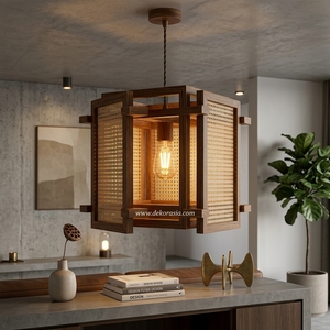 Lampe suspendue carrée de style oriental avec bois et bambou, éclairage écologique pour la décoration intérieure moderne - Product Image 6