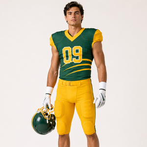 Uniforme de football américain pour hommes, ensemble maillot et pantalon vert et jaune, col en V, manches courtes, polyester anti-humidité, numéros d'équipe 09 - Product Image 1