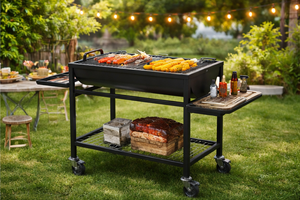 Parrilla de carbón comercial con estructura de acero, ruedas bloqueables y estante de almacenamiento, estación de cocina para exteriores - Product Image 3