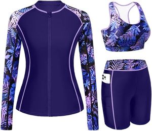 Ensemble de 3 pièces pour femmes, haut de maillot de bain à manches longues, séchage rapide, soutien-gorge de sport, short taille haute, vêtements d'entraînement - Product Image 3