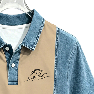 T-shirt décontracté en coton pour homme avec empiècements en jean, manches courtes, coupe classique, respirant, séchage rapide, couleur unie, idéal pour le golf et le quotidien - Product Image 3