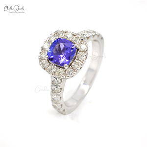 Élégante bague de fiançailles en or blanc massif 14 carats avec halo de diamants pavés naturels de 1,50 CTW et pierre de tanzanite taille coussin, taille US-7 - Product Image 5